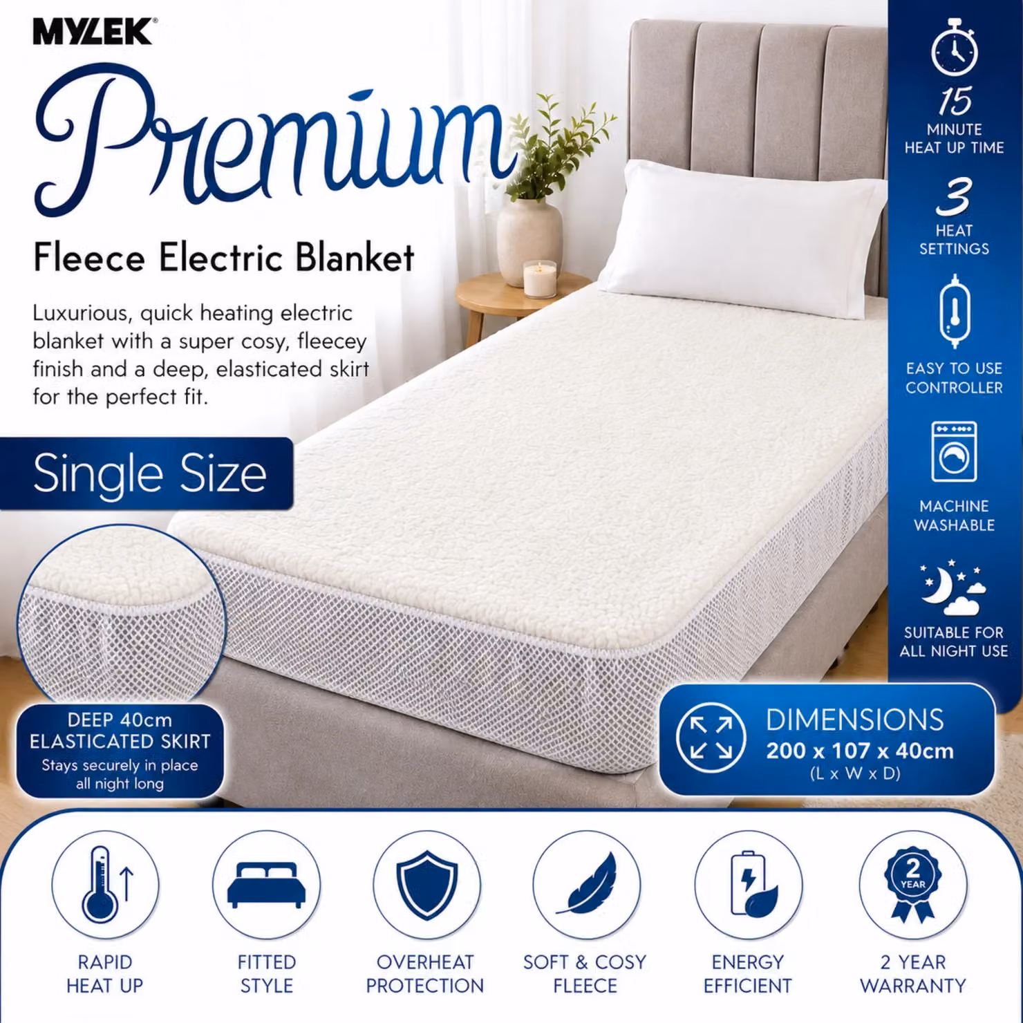 MYLEK Single Fleece Heated Fitted Mattress Cover, White – 6