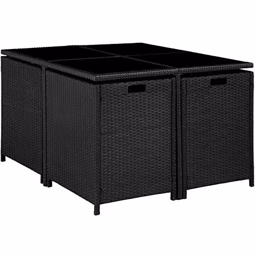 tectake Polyrattan Garden Furniture Set with Aluminium Base, Including 4 Dining Chairs, 1 Table and 4 Stools, Black/Grey – 4