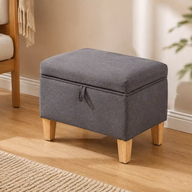 STILVORA Grey Fabric Storage Ottoman with Wooden Frame