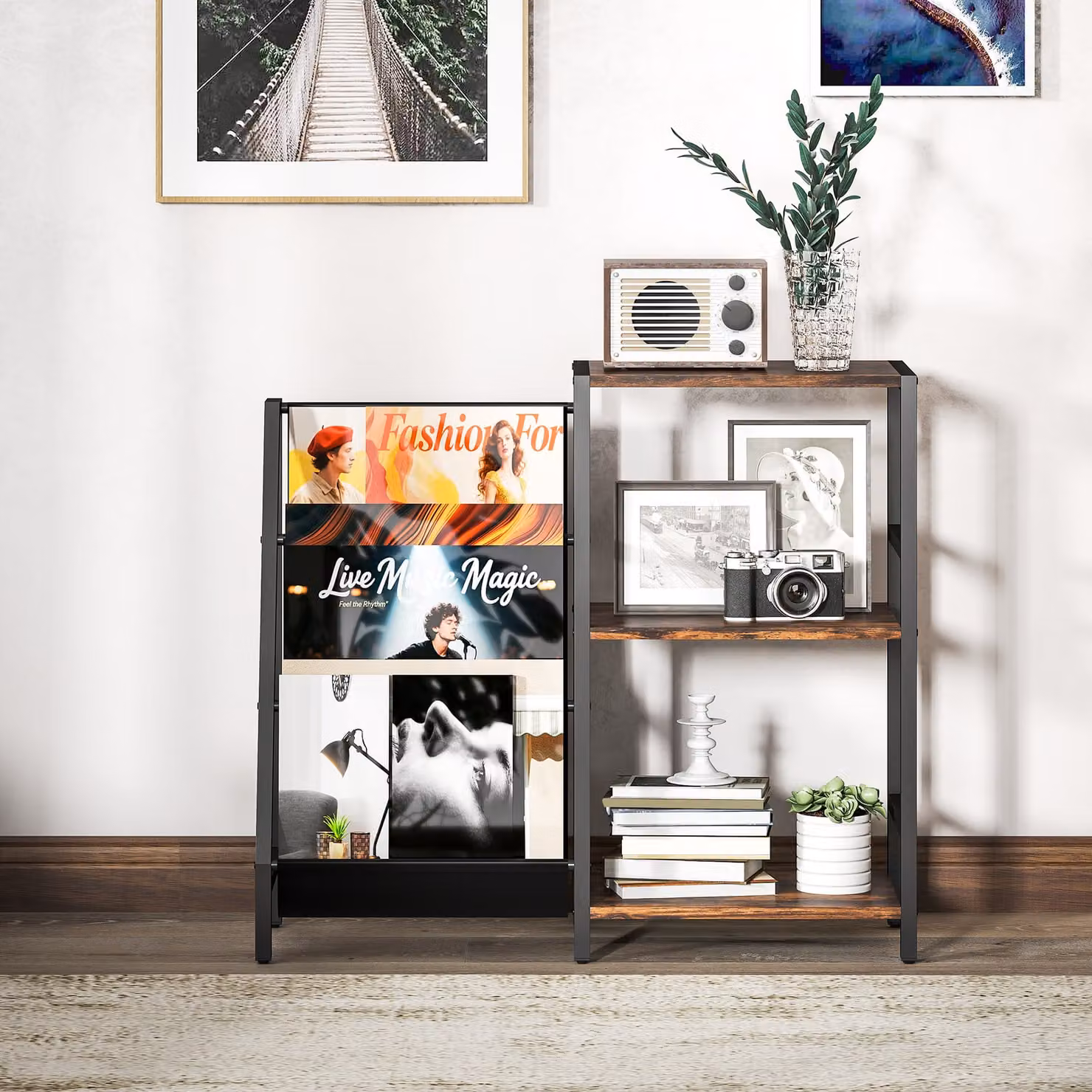 HOMCOM 3-Tier Record Player Stand and End Table in Rustic Brown – 6