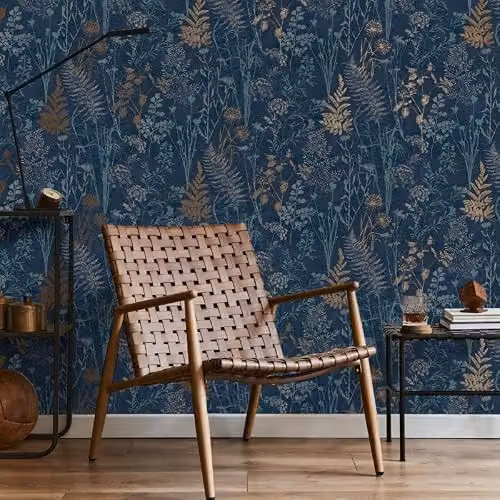 Graham & Brown Superfresco Easy Navy & Copper Metallic Organics Floral Wallpaper in Blue – 2