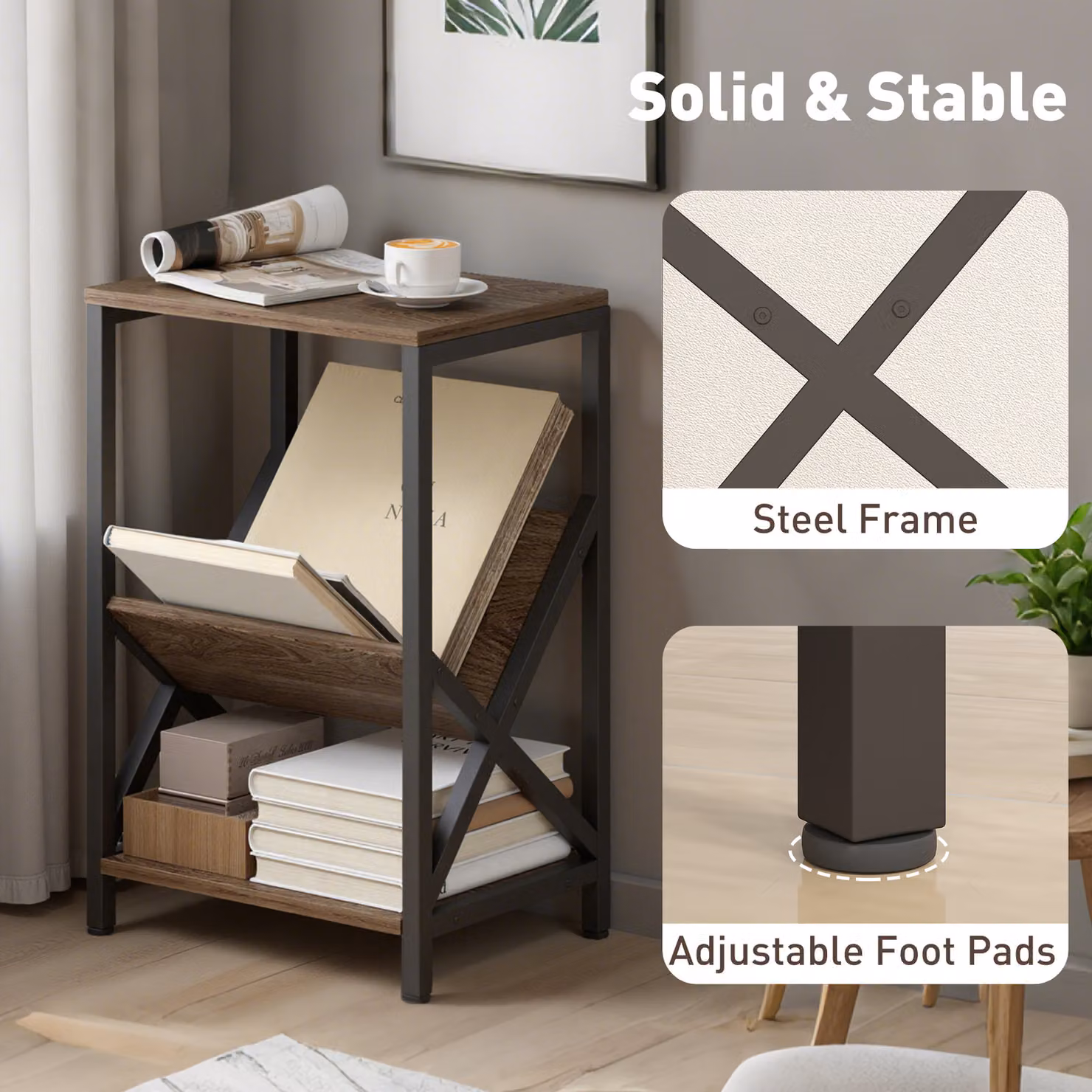 HOMCOM Narrow Side Table with 3-Tier Storage and V-Shaped Magazine Holder, Brown and Black, W/D/H: 40 x 30 x 61 cm – 5
