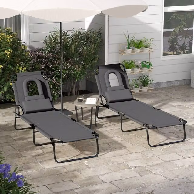 Outsunny Set of 2 Folding Sun Loungers with Pillows in Dark Grey