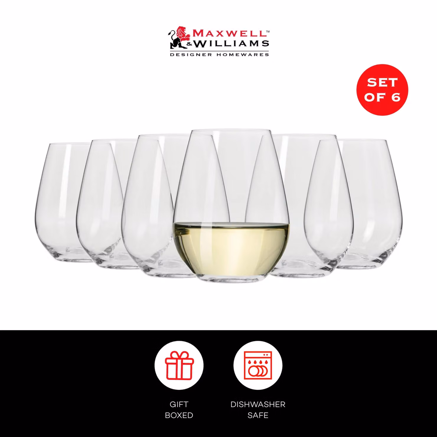 Maxwell & Williams Vino Set of 6 Transparent Wine Glasses, 400ml each, Dishwasher Safe – 5