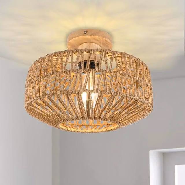 Pheashine Woven Rattan Ceiling Light in Brown with Wooden Base and E27 Bulb Included, Diameter: 30 cm