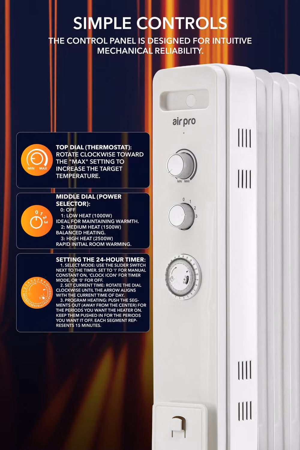Air Pro 2500W 11 Fin Portable Oil Filled Electric Radiator Heater in White – 4