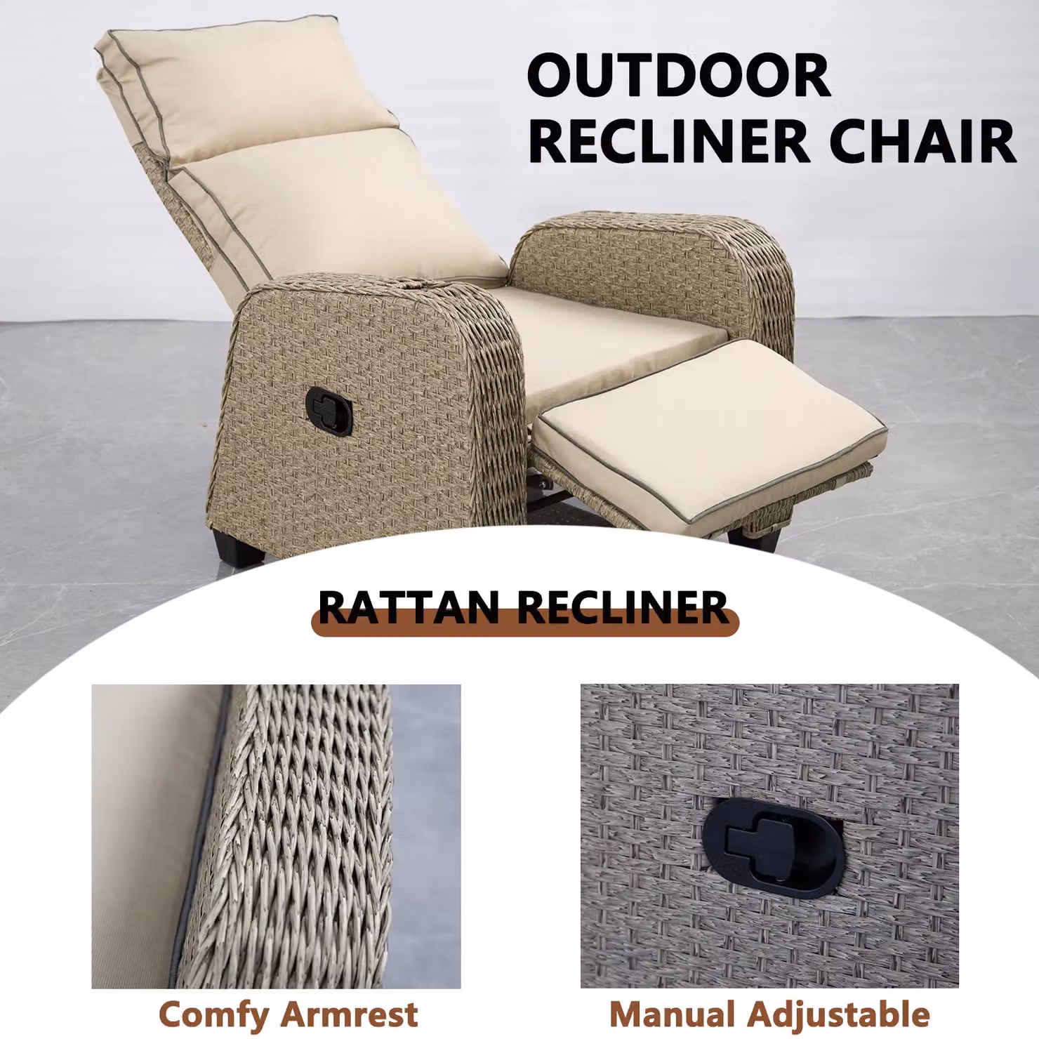 FURNITURE ONE Beige Rattan Patio Recliner with Padded Lounger and 170 Degree Adjustable Backrest – 2