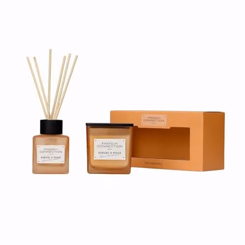 French Connection Apricot & Peach Scented Candle and Reed Diffuser Gift Set, Orange and White
