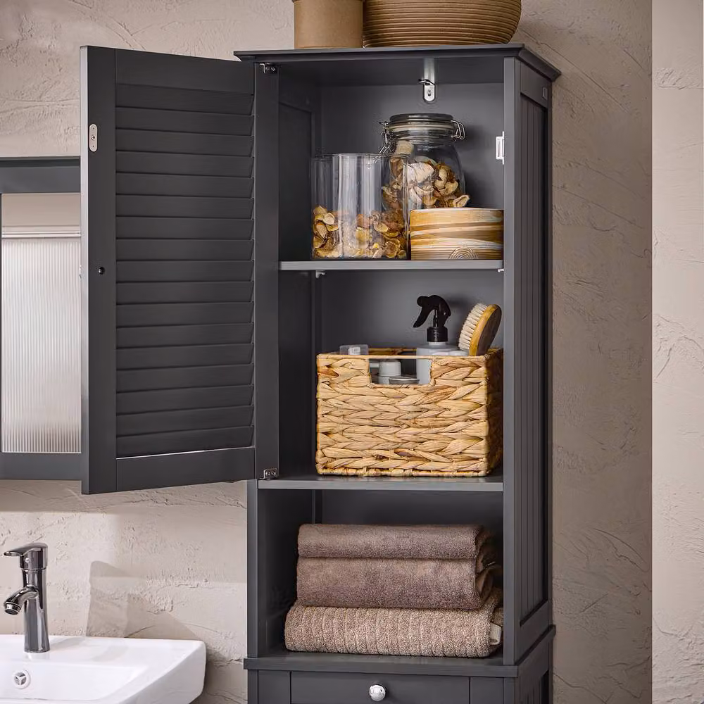 SoBuy Modern Bathroom Storage Tall Cabinet in Matt Grey with Roll Shutter Door and Internal Shelves – 3