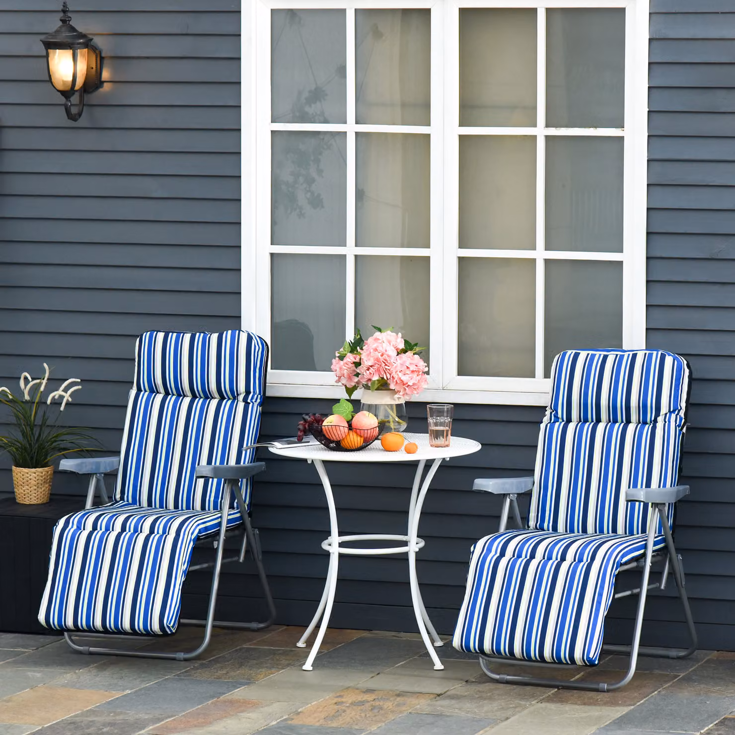 Outsunny Set of 2 Blue and White Striped Garden Sun Loungers with Weatherproof Cushions and Adjustable Recliners – 2