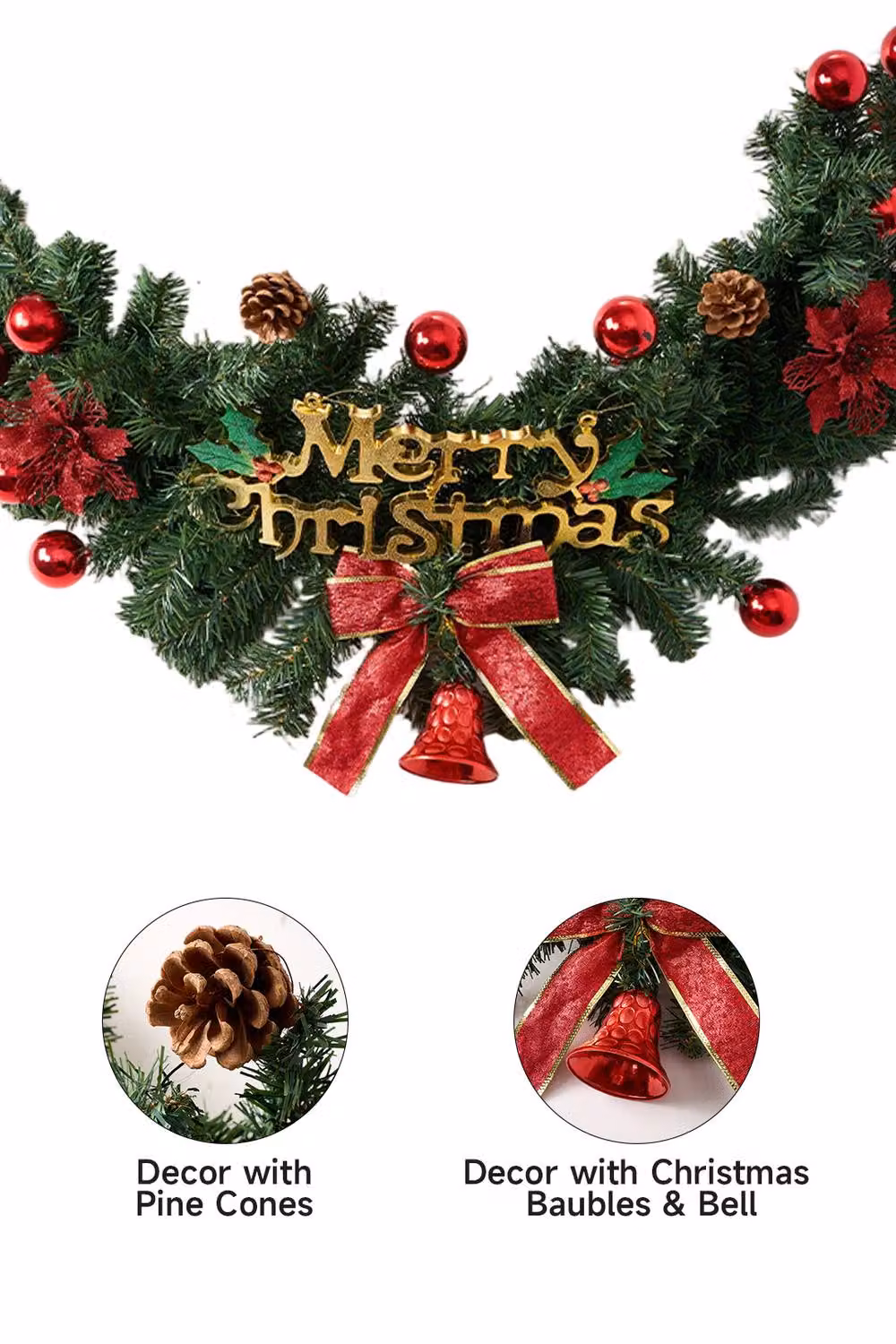 Living and Home Elegant Christmas Garland in Red, Multicolour and Green with Foliage, Baubles and Bells – 4