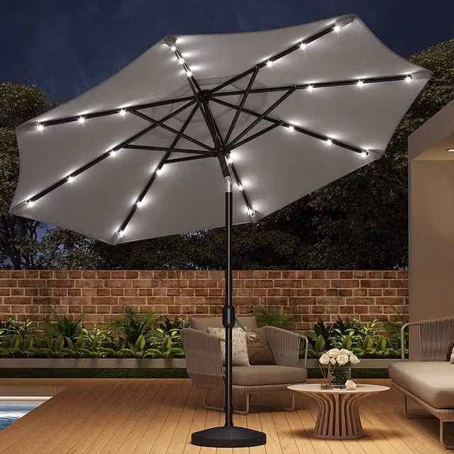 Livingandhome Modern Cantilever Garden Parasol with LED Lights and Base in Grey