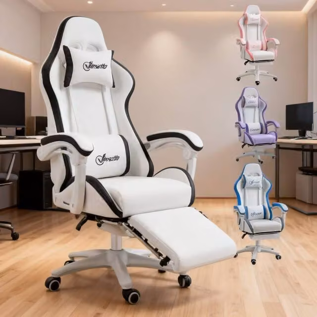 ERGOVEXA White Synthetic Leather Computer Gaming Chair with Headrest and Swivel Wheels