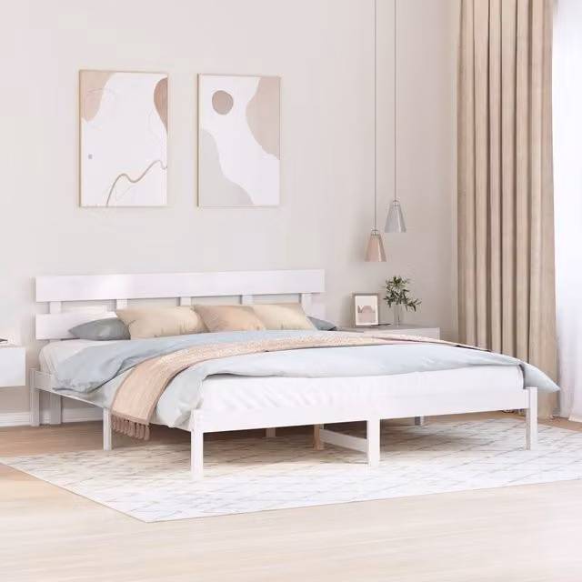 Berkfield Home White Lacquered Solid Pine Bed Frame with Headboard 200 x 200 cm