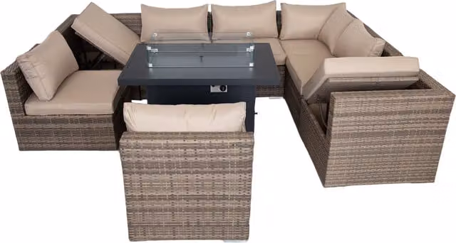 Furniture One Modern 9 Piece Modular Rattan Outdoor Recliner Garden Sofa Set with Fire Pit Table in Beige and Yellow