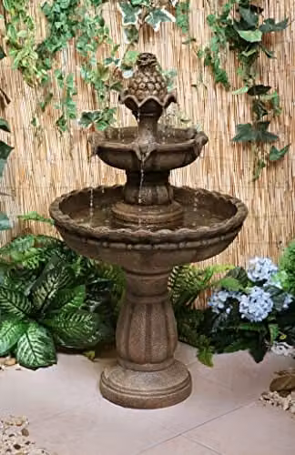 Primrose 2 Tier Round Cascading Outdoor Water Feature in Antique Bronze Stone Effect, Height: 93 cm – 1