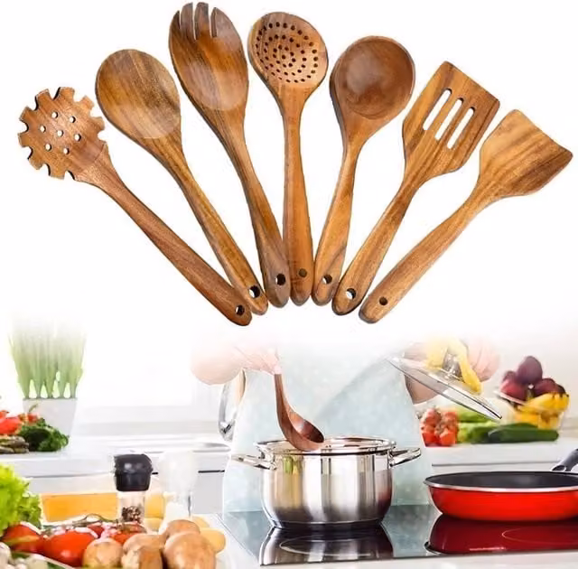 NESTLUNE 9 Piece Brown Teak Wood Cooking Utensils Set – 1