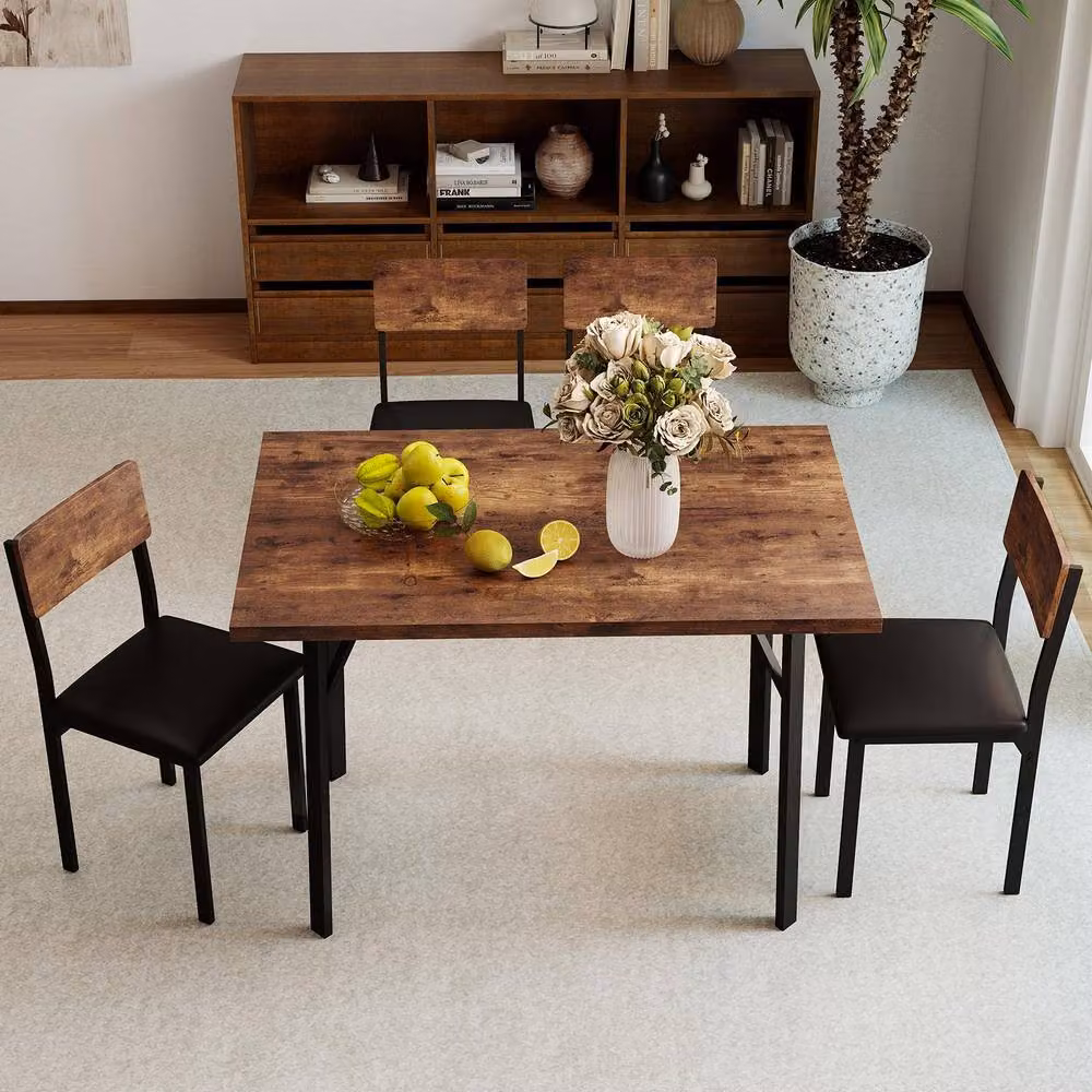 Costway Industrial 5-Piece Dining Set with Rectangular Table and 4 Upholstered Chairs in Brown – 3
