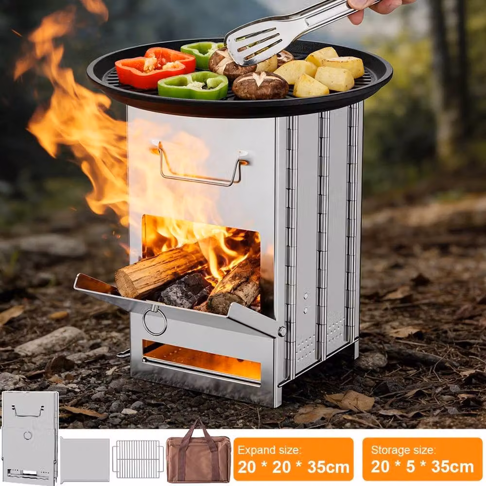 NESTLUNE Portable Foldable Wood Burning Stove and Outdoor Grill in Silver Stainless Steel, W: 100 cm, D: 41 cm – 5