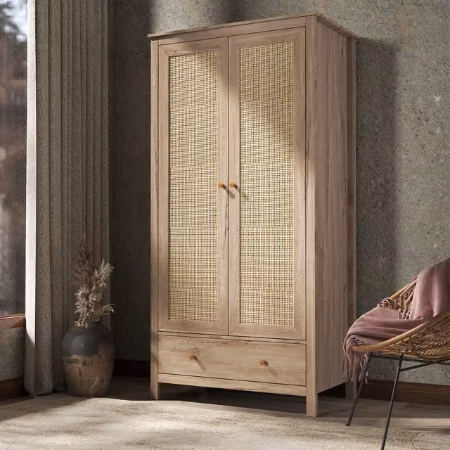 Swish Furniture Willow Rattan 2 Door Double Wardrobe with 1 Drawer in Oak and Brown