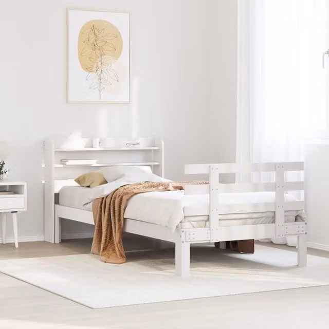 Berkfield Home Small Single Bed Frame with Headboard and Side Compartments in White Rustic Pine, W/D/H: 75 x 190 cm