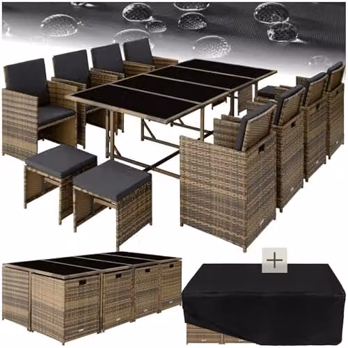tectake Polyrattan Garden Furniture Set in Nature/Dark Grey, Including 8 Dining Chairs, 1 Table, 4 Stools and Protective Cover for Up to 12 People