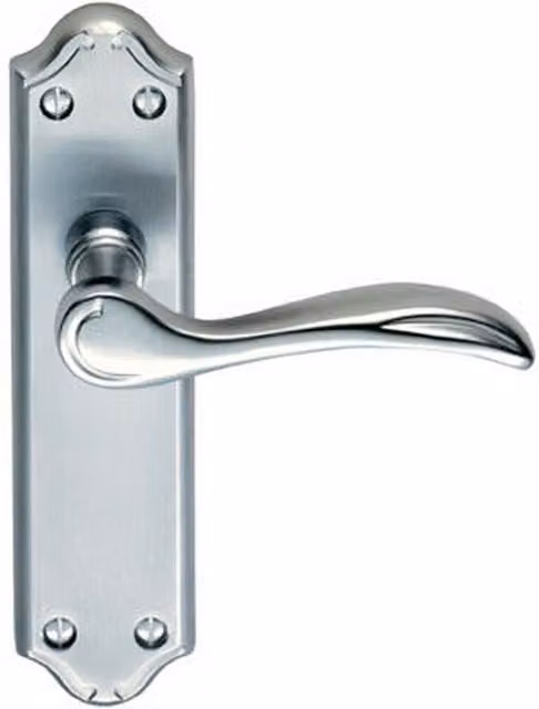Loops Pair of Curved Door Handle Levers on Latch Backplate, Satin Chrome, W: 180 mm x H: 45 mm