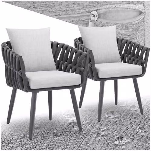 tectake Set of 2 Grey Rope Design Garden Chairs with Aluminium Frame and Cushions