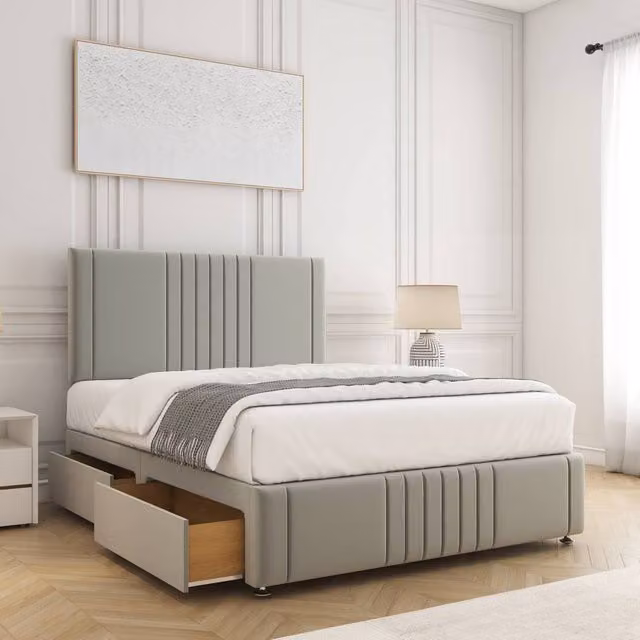 BSSPOKE Hazel Divan Bed with 24 inch Headboard and 2 Drawers in Silver Plush Velvet, King Size W/D/H: 180 x 200 cm