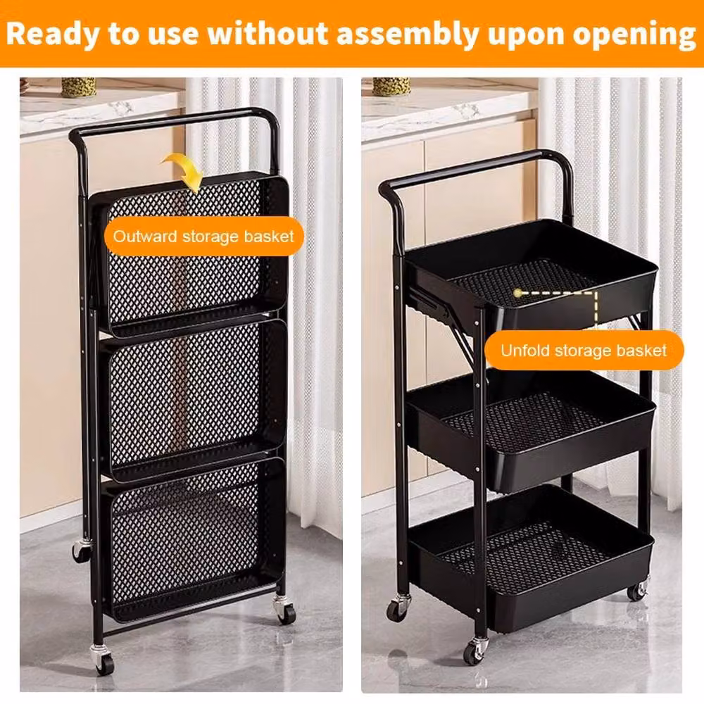 PAWNORA Black 3 Tier Folding Metal Storage Trolley Cart with Rolling Shelves – 3