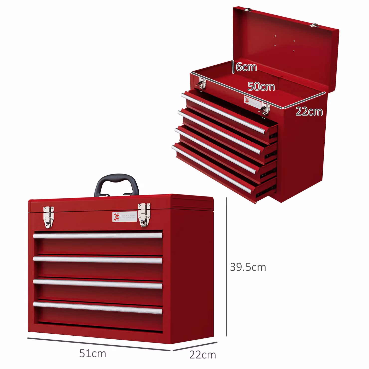 DURHAND Lockable Metal Tool Chest with Ball Bearing Slide Drawers, Red, W/D/H: 51.0 x 39.5 x 22.0 cm – 3