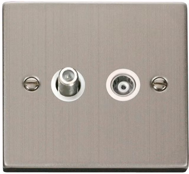 SE HOME Stainless Steel Surface Mounted 1 Gang Satellite and Isolated Coaxial Socket in White and Silver