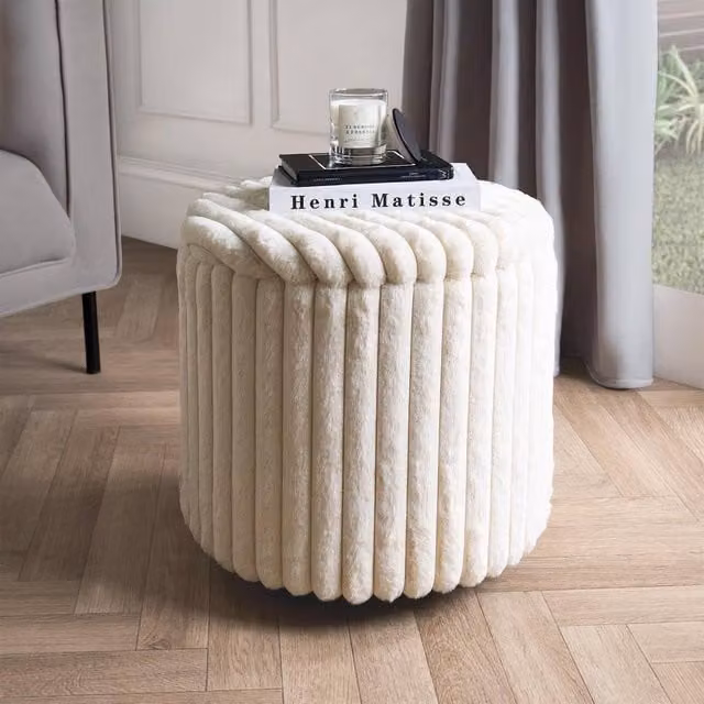 OHS Ribbed Faux Fur Ottoman Storage Box with Lid and Folding Footstool in Cream
