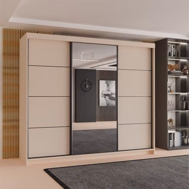 Sliding Wardrobes 4 u Modern 3 Door Sliding Mirror Wardrobe with Internal Drawers and Shelves in Mixed White, Brown and Beige