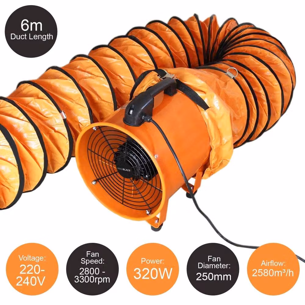 Monstershop MAXBLAST Dust Extractor 250mm 320W with 6m Duct, Orange – 6