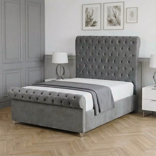 Living Comfort Bedz Regency Sleigh Ottoman Gas Lift Upholstered Velvet Bed with 48 Inch Headboard in Anthracite Grey, Size: Double (140 x 200 cm)