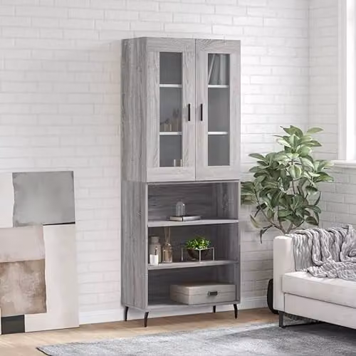 vidaXL Modern Grey Highboard with Glass Doors and Internal Shelves, W/D/H: 69.5 x 34.0 x 180.0 cm – 2