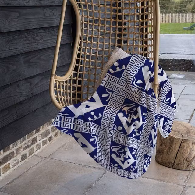 Benjamin Tate Design Egyptian Hieroglyphs Fleece Blanket in Blue and Sand, W/D/H: 120 x 150 cm