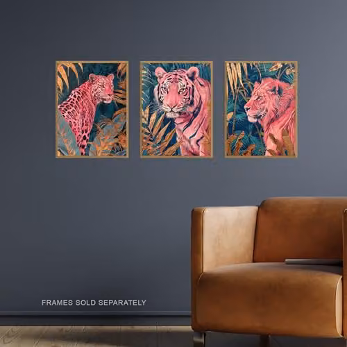 Artery8 Set of 3 Jungle Animal Wall Art Paper Poster Prints in Pink, Gold and Petrol – 2