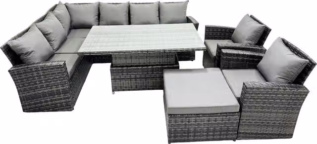 Fimous Poly Rattan Outdoor Patio Corner Sofa Set with Large Stool and 2 Chairs in Dark Grey