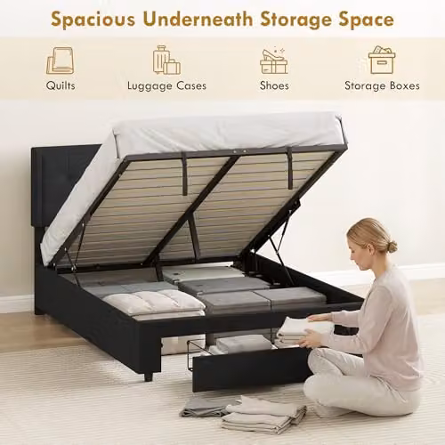 HOMCOM Black Velvet Upholstered Double Ottoman Bed with Lift-Up Storage Base, W: 140 cm, D: 190 cm, H: 95 cm – 4