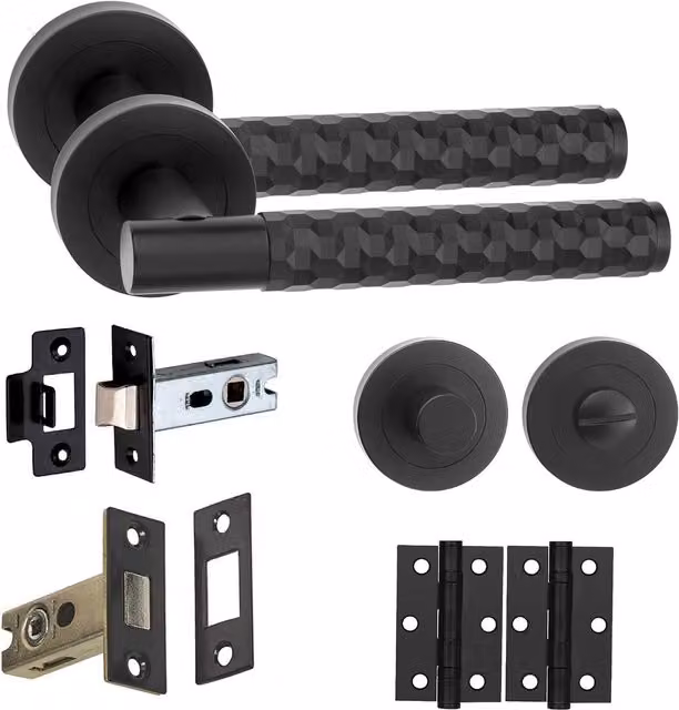 Golden Grace Matt Black Knurled Hex Cut T-Bar Bathroom Door Handle Set with Dead Bolt Lock