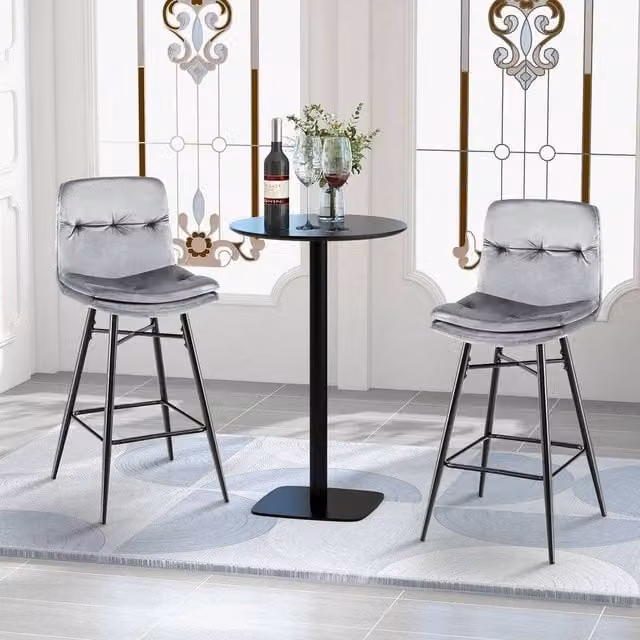Kelvenix Grey Velvet Bar Stools with Metal Base