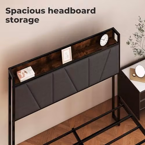 Levede Rustic Brown Upholstered Bed Frame with Side Compartments and Bedside Shelf, W/D/H: 140 x 200 cm – 6