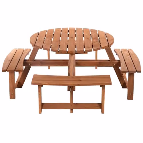 Outsunny 8 Seater Round Wooden Garden Dining Set with Bench and Parasol Hole, Brown