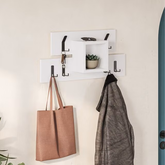 Decortie Lumina Modern Coat Hanger with 6 Hooks and 1 Open Shelf, White