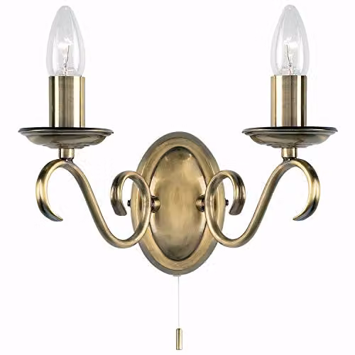Loops Dimmable LED Twin Wall Light in Antique Brass Finish with Vintage Pull Chain