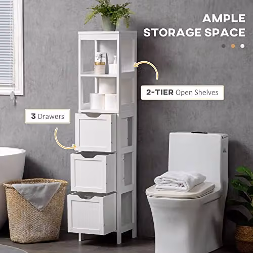 HOMCOM Slim White Bathroom Storage Unit with 3 Drawers and 2 Open Shelves, H 141.6 x W 30.0 x D 30.0 cm – 3