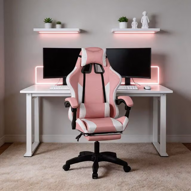 Home Source Neuro Adjustable Pink and White PVC Gaming Chair with Pull-out Legrest and Headrest