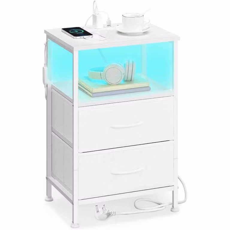 The Bazaarist LED Bedside Table with Charging Station and 2 Drawers in White
